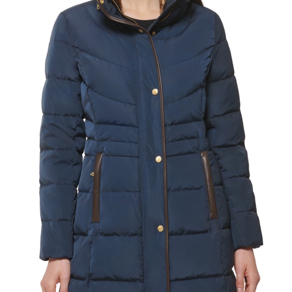 COLE HAAN Chevron Quilted Taffeta Down Coat With Faux Fur, Size L, New w/ tags
